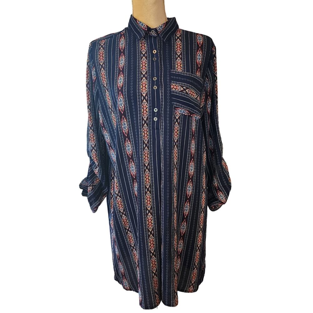 Entro Women's Pull Over Shift Aztec Boho 1/4 Button Down PocketDress